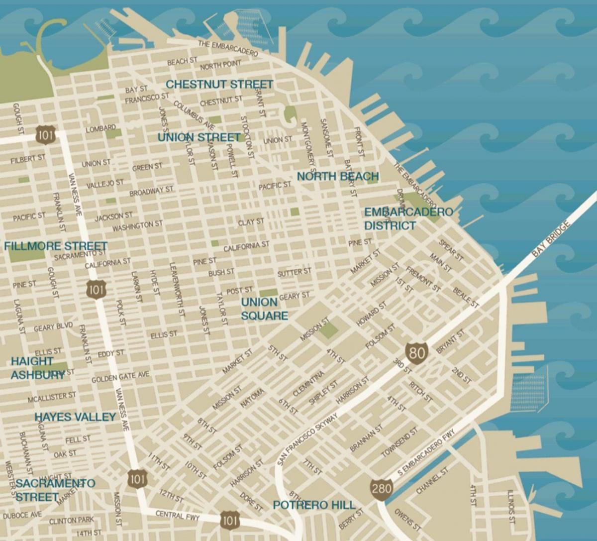 નકશો ડાઉનટાઉન સેન ફ્રાન્સિસ્કો યુનિયન સ્ક્વેર