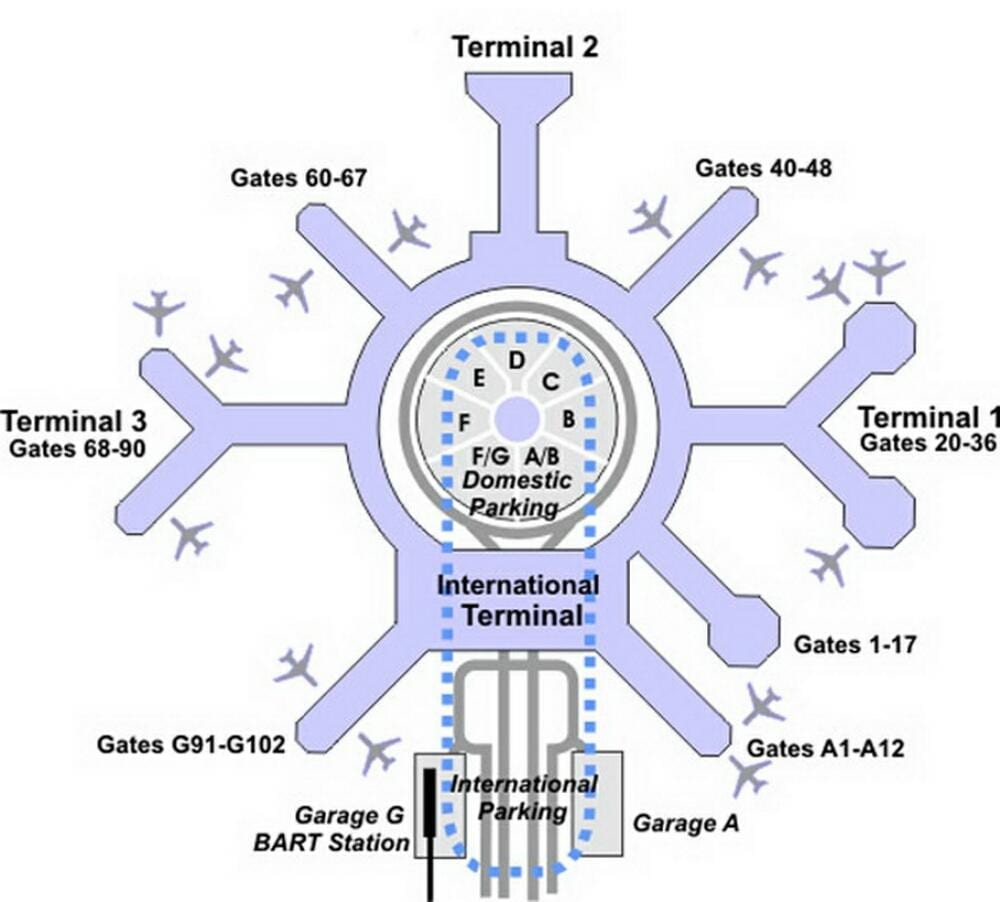 નકશો SFO ટર્મિનલ ગ્રામ