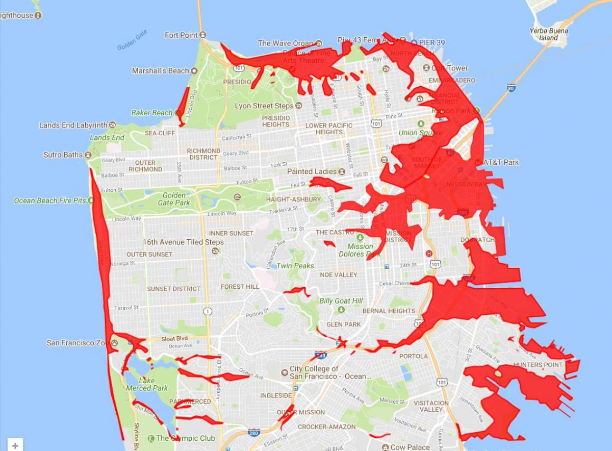 સાન ફ્રાન્સિસ્કો વિસ્તારોમાં ટાળવા માટે નકશા