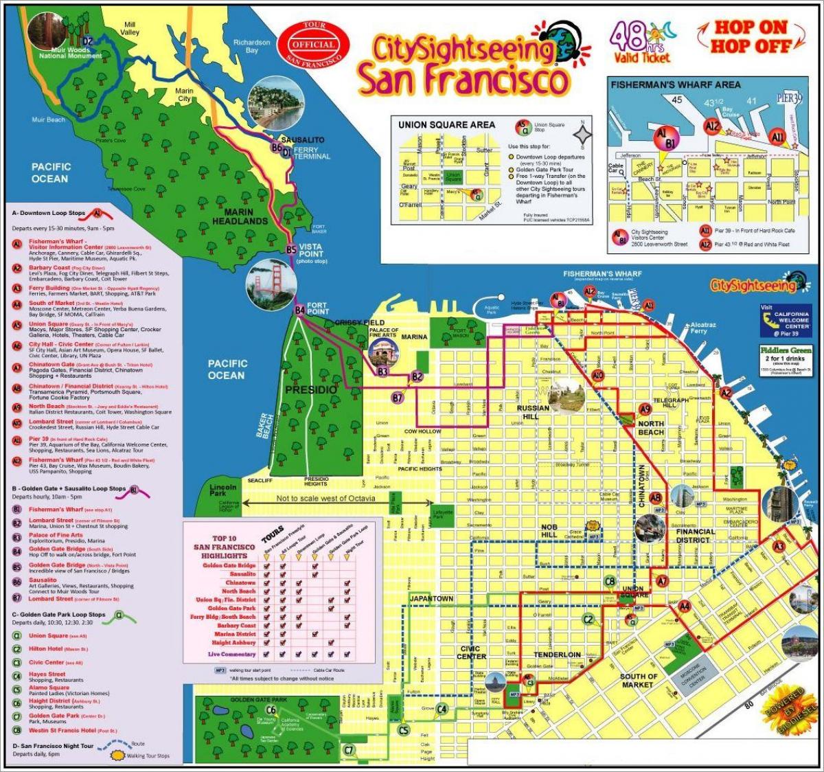 સાન ફ્રાન્સિસ્કો હોપ પર હોપ બોલ બસ પ્રવાસ નકશો